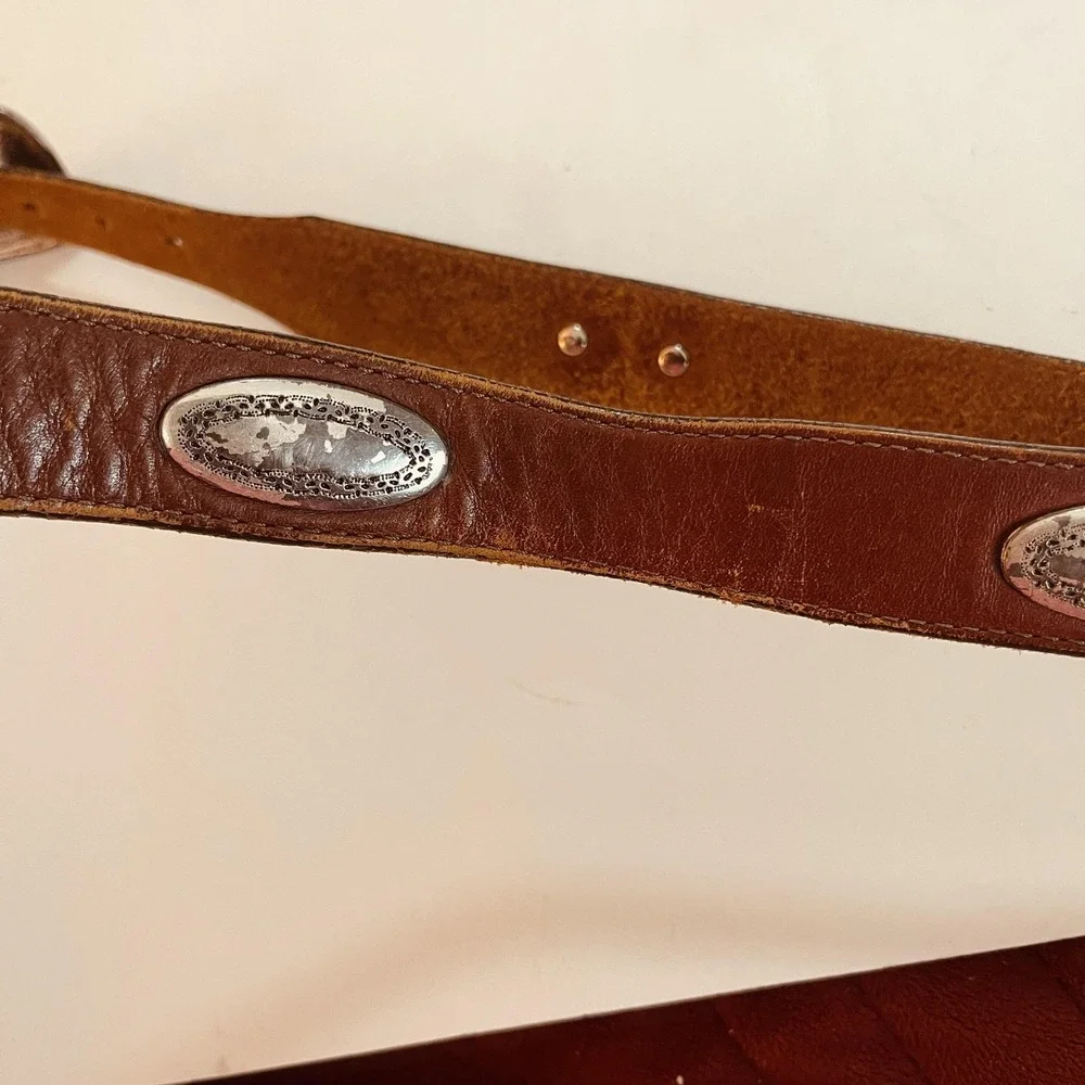 READ Brighton Belt Womens 34‎ Brown Western Tooled Leather Silver Buckle Conchos